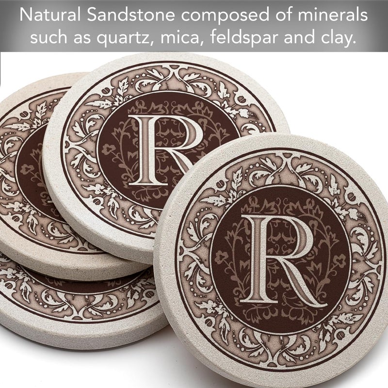 Thirstystone Monogram Letter R Absorbent Sandstone Coaster 4-Pack Made in The USA Decorative, Absorbent, Easily Wipes Clean - Image 5